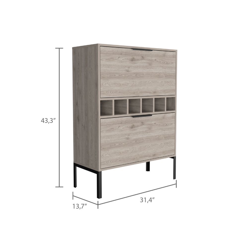 Lyrata Bar Cabinet,  Six Built-in Wine Rack, Double Door -Light Gray